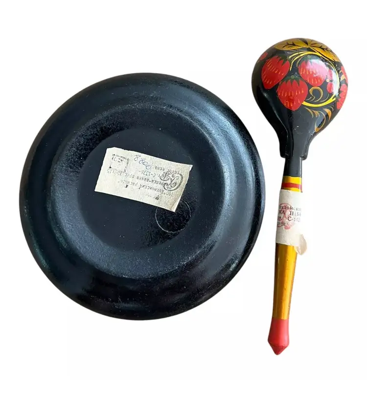 Hand Painted Vintage Russian Folk Art Plate With Spoon