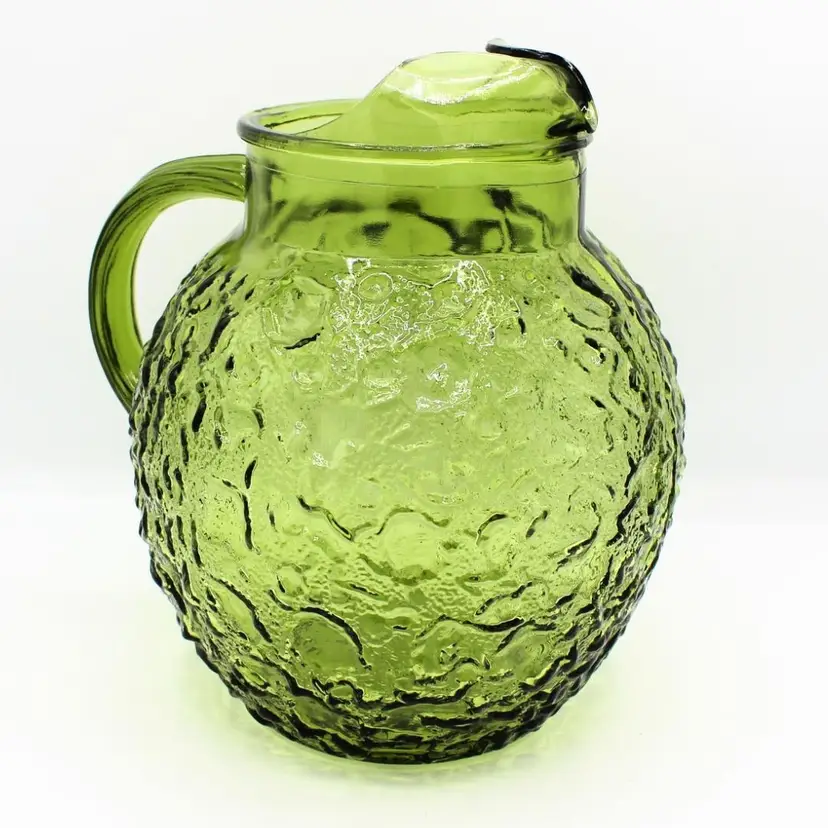 Vintage Anchor Hocking Lido Milano Green Textured Pitcher Crinkle Bubble Pattern