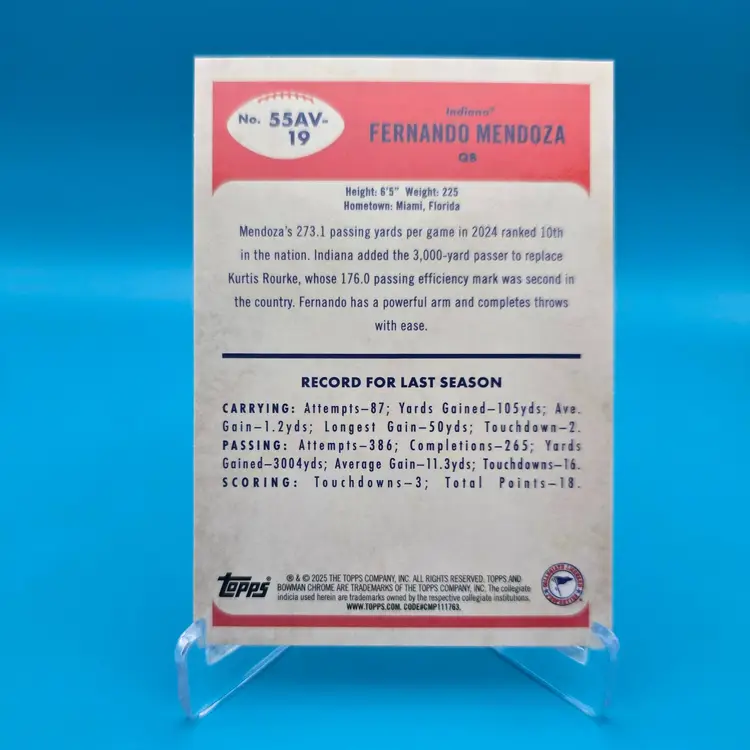 Fernando Mendoza 2025 Bowman Chrome University '55 Throwback RC Indiana Hoosiers