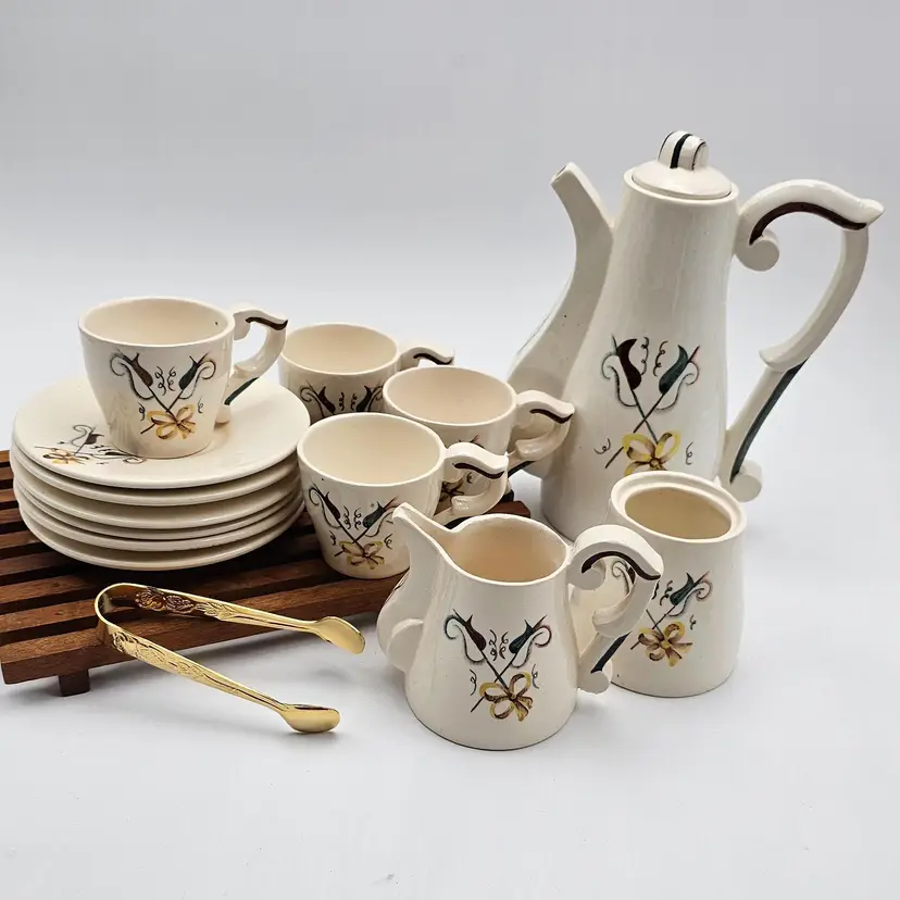 58. J. Pobery 1940's Ceramic Tea Server Made In France 14pc. Set (Sugar Tongs Included: Stainless Marked Japan)