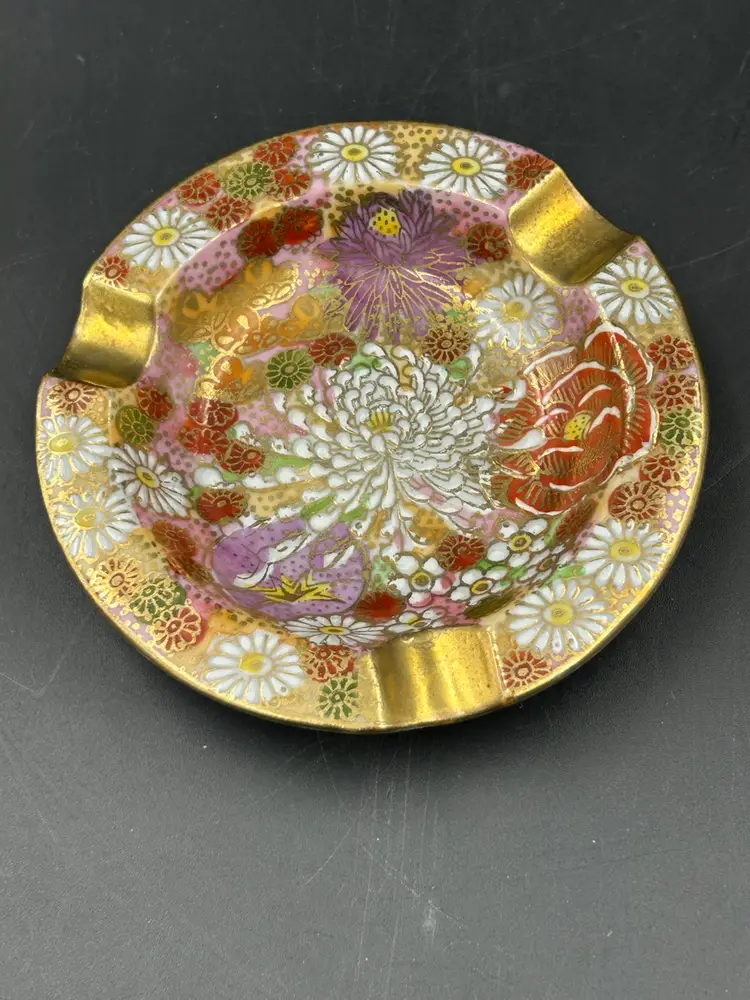 Vintage Japanese Porcelain Kutani Ware Floral And Gold Ashtray/Trinket Dish