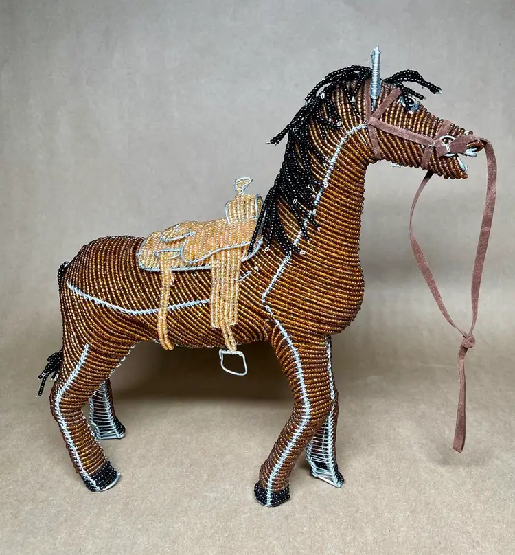 BEADWORX Brown Beaded Horse with Saddle Stirrup Reins Free Standing Figurine