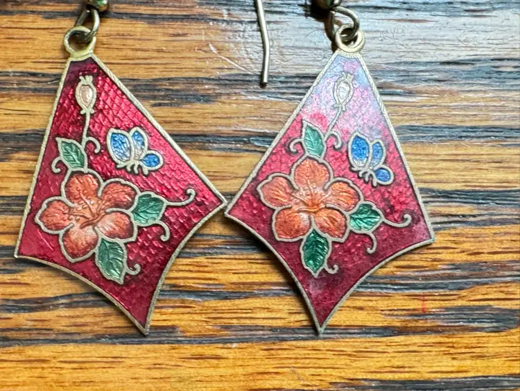 Vintage Cloisonné Pierced Dangle Earrings
