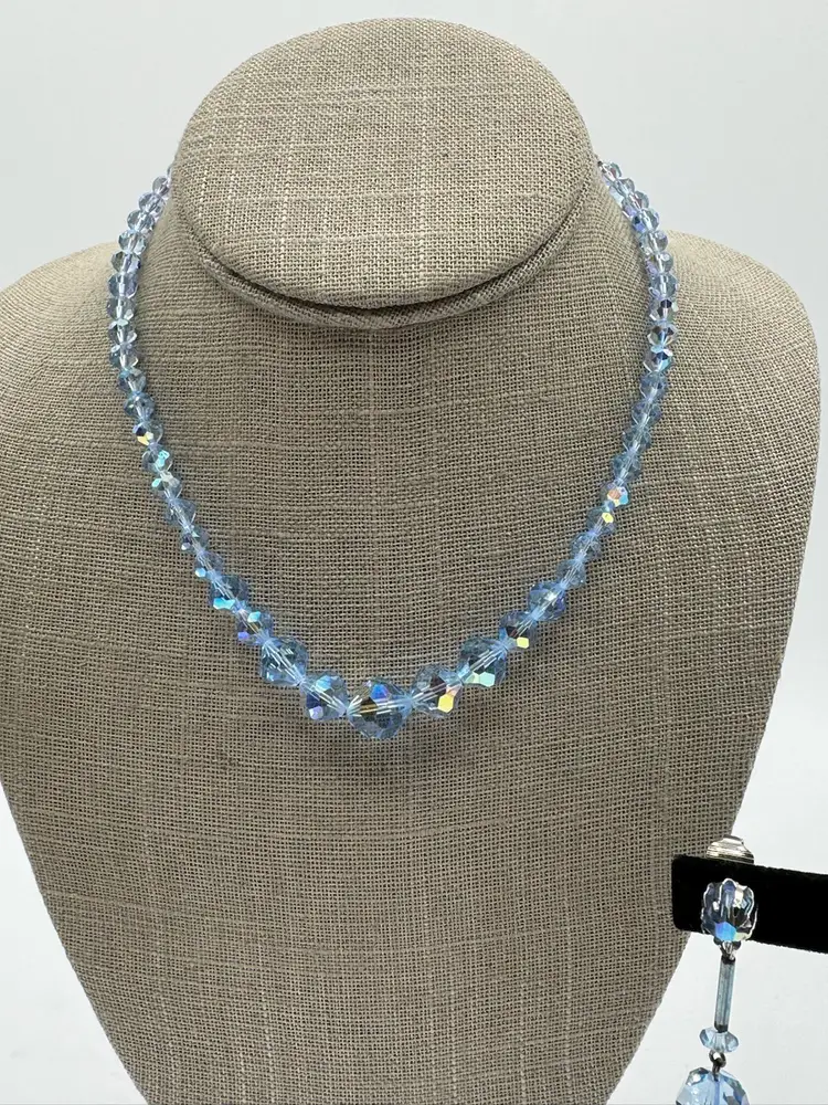 AB Light Blue Glass Beads Necklace And Earrings Set Vintage