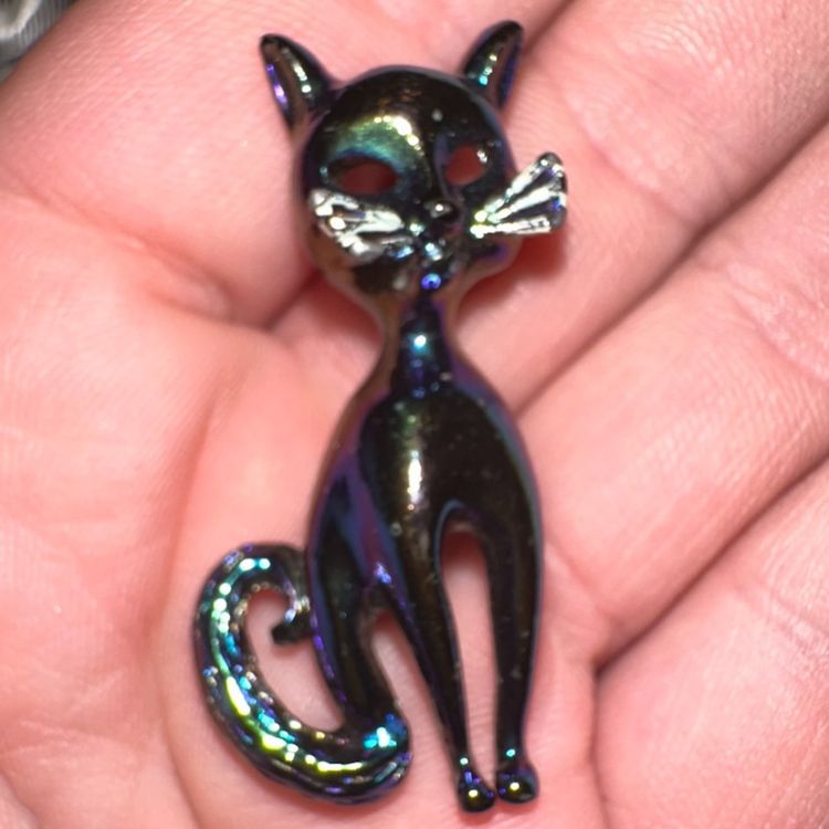 Vintage Atomic Black CAT Figural Pin Iridescent Enamel pin brooch
