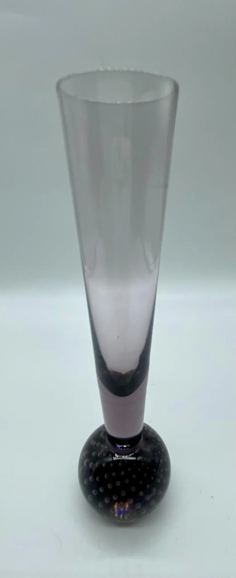 Vintage art glass bud vase.  Handblown smoky purple bullicante base