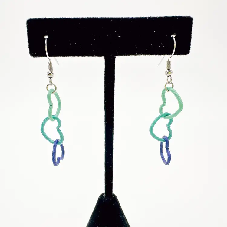 Valentine's Day Metal Link Heart Dangle Earrings Shades of Blue Handmade