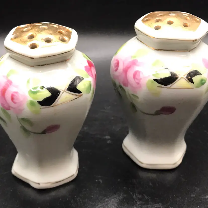 Vintage Rose And Geometric Pattern Salt And Pepper Shakers Japan