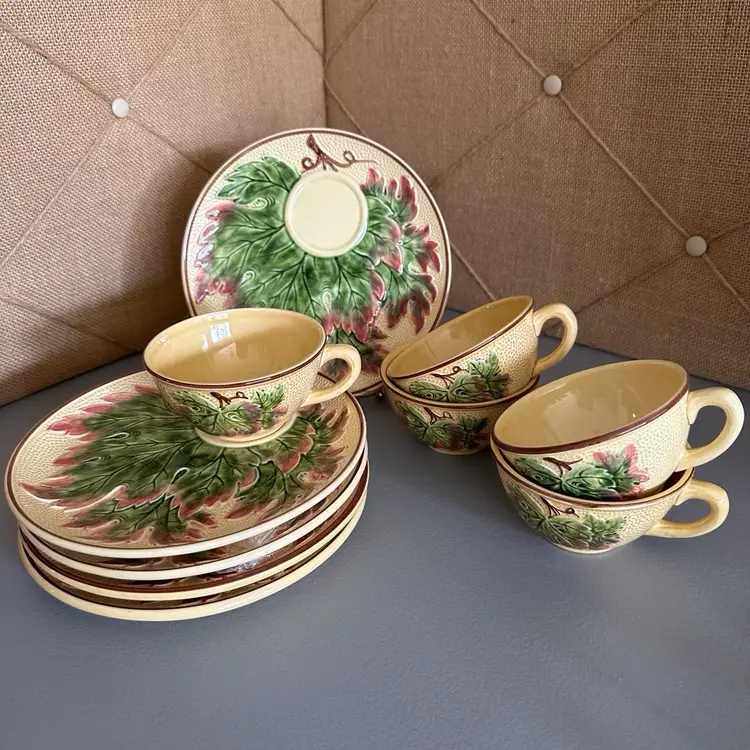 Vintage Majolica Western Germany Embossed Grape Leaves Snack Plates and Saucers Lot of 10 (all pieces signed)