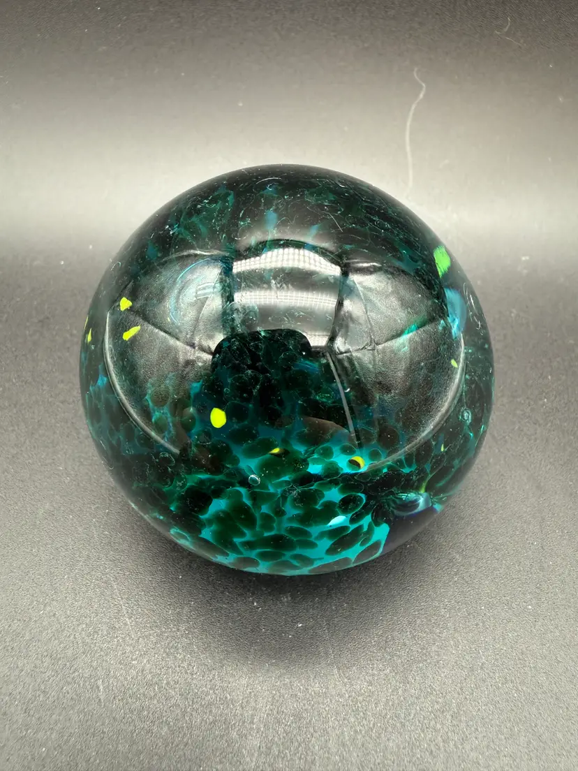 Art Glass Dark Blue Green Black Spotted Paperweight