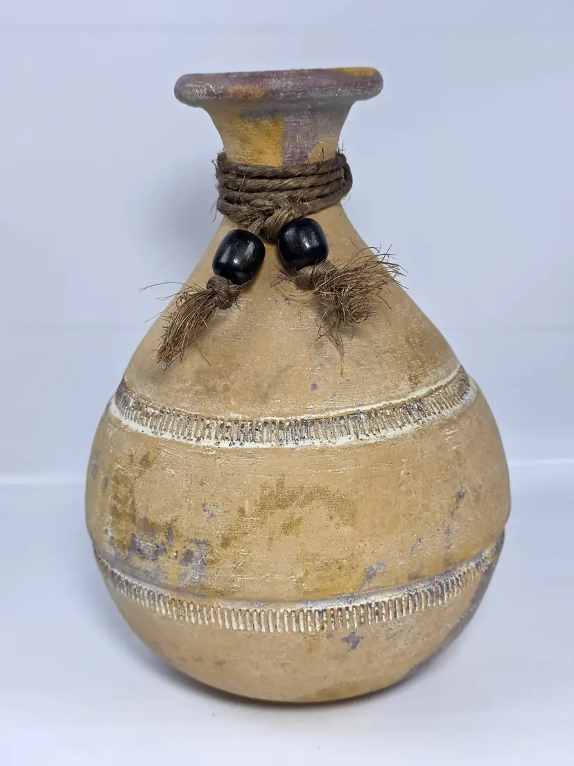 Vtg Rustic Clay Jug Vase Rope Neck Primitive Southwest Boho Distressed 9"