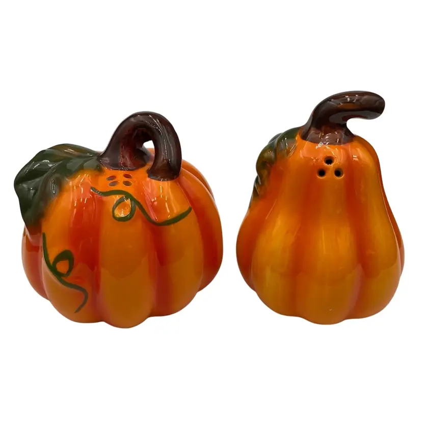 Fall Pumpkin Painted Ceramic Salt & Pepper Shakers, Orange, Autumn, Halloween