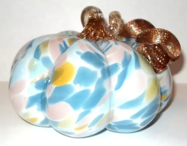 Hand Blown Glass Pumpkin With Glass Stem Blue Pink Gourd