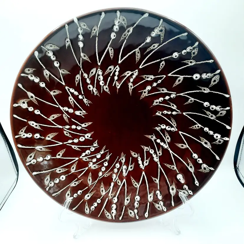 Vintage Dark Brown Large Centerpiece Bowl w/ White Embossed Floral Pattern