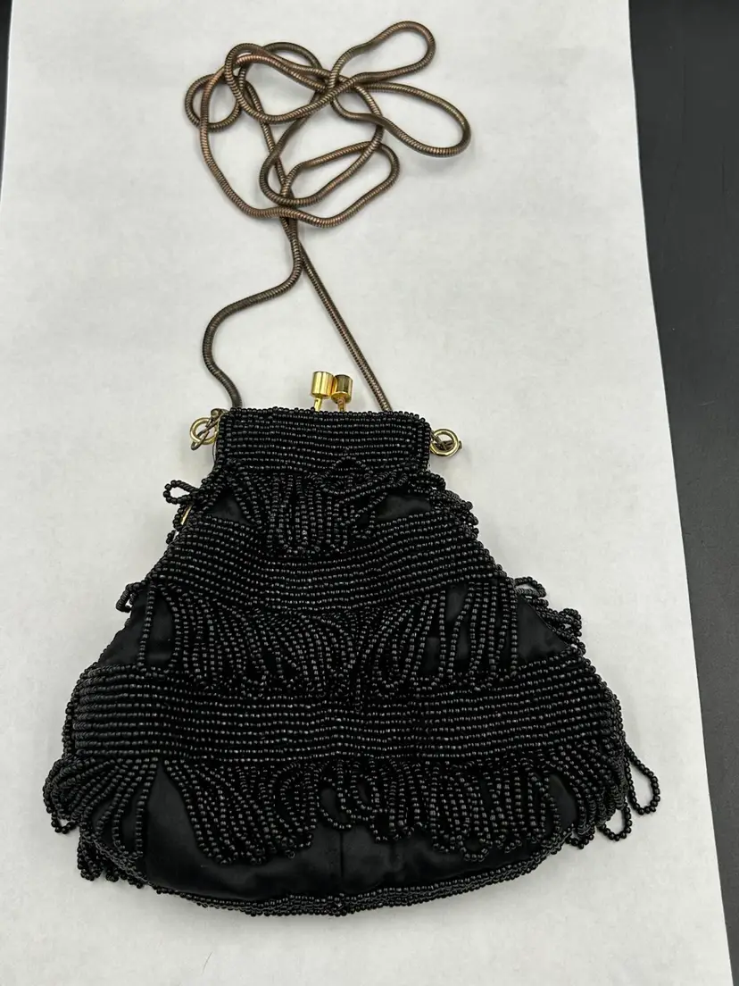 Vintage Carnival Black Seed Bead Tassel Metal Framed Purse