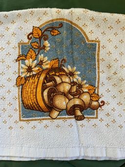 Vtg FRANCO Terrycloth Blue Kitchen Hand Towel Basket of Mushroom 22” X 14”