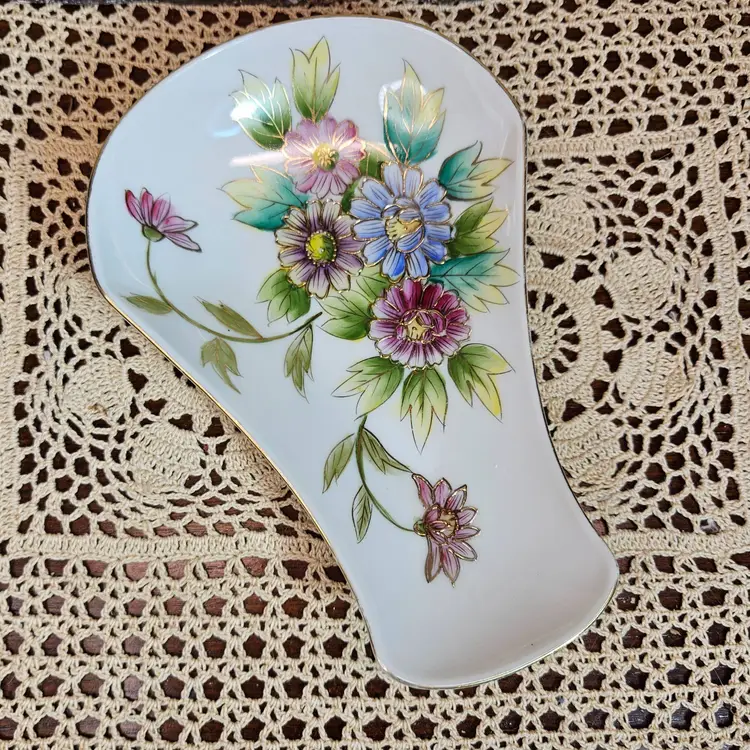 Gorgeous Vintage Ceramic Hand Painted Floral Spoon Rest Embossed Petal Edges