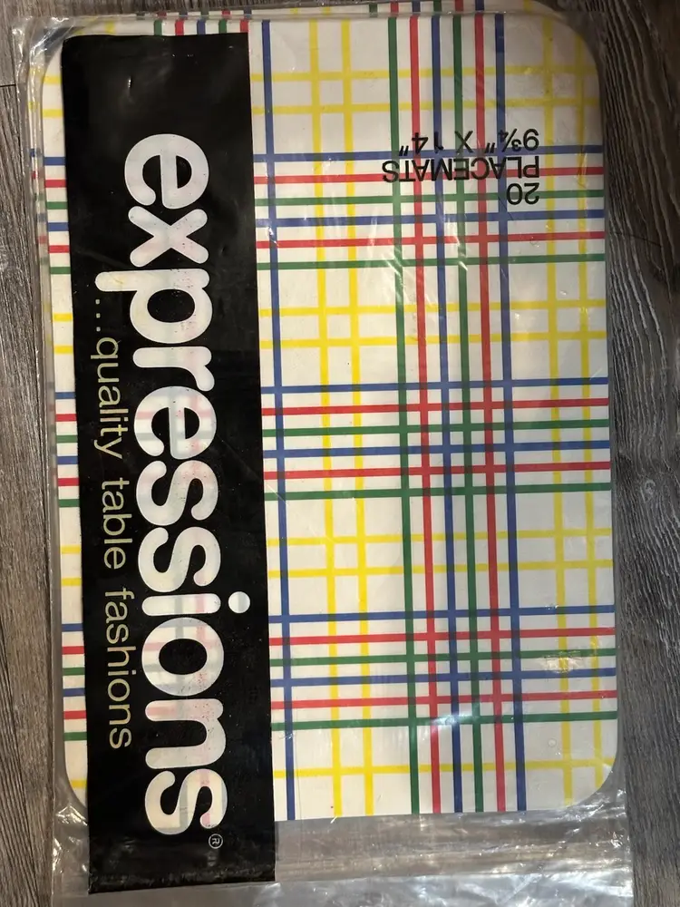Vintage 80s Expressions Tattersall Placemats Primary Colors Plaid Hoffmaster Oshkosh NOS