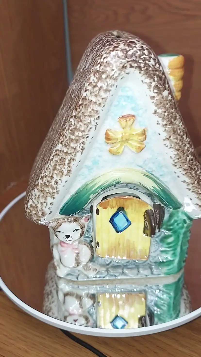 RARE Vintage Ceramic Napco Japan Coin Bank House Cabin Bear Door Fairy Garden