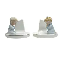 Vtg Lipper & Mann Bondware Boy & Girl Praying Porcelain Figurines Blue Nightgown