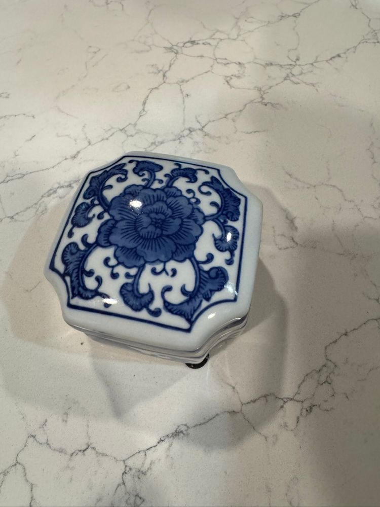 Vintage Blue And White Porcelain Hexagonal Trinket Dish