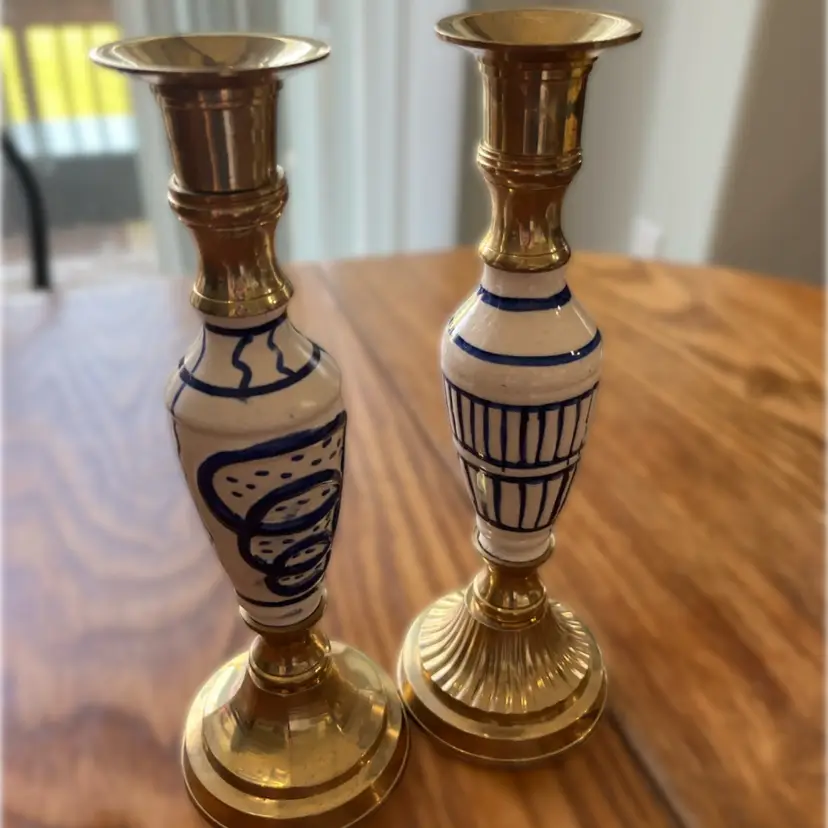 Set Of Brass And Ceramic Blue And White Candlesticks Comes With Two Blue Candles In Plastic - 9” Tall