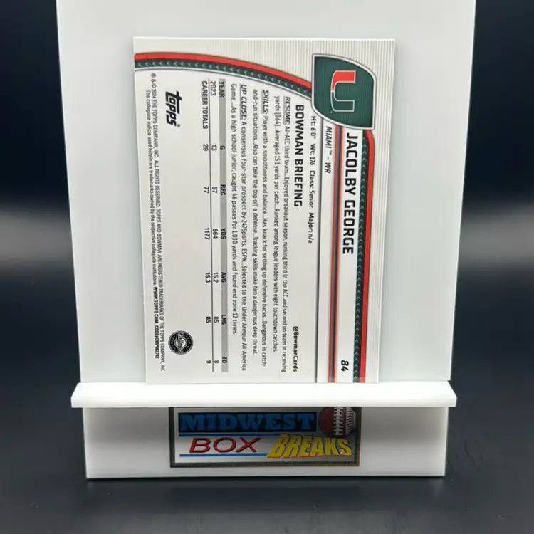 Jacolby George 1st Teal Lava Refractor 2024 Bowman University Chrome Miami MBBCRD