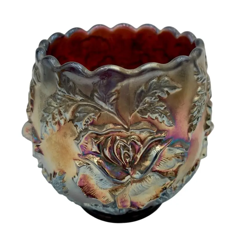 Antique Dugan Glass Rose Bowl "Wreath of Roses" Amethyst, Iridescent/Carnival