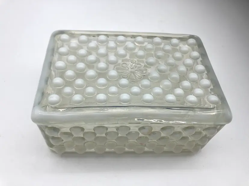 BIN - Vintage Anchor Hocking White Opalescent Hobnail Cigarette or Trinket Box 3.5” x 5”