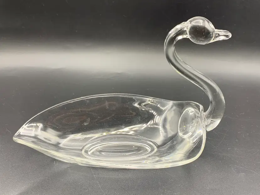 #37 - Clear Glass Swan Candy Nut Dish Tiffin Duncan & Miller 8" MCM 1950s