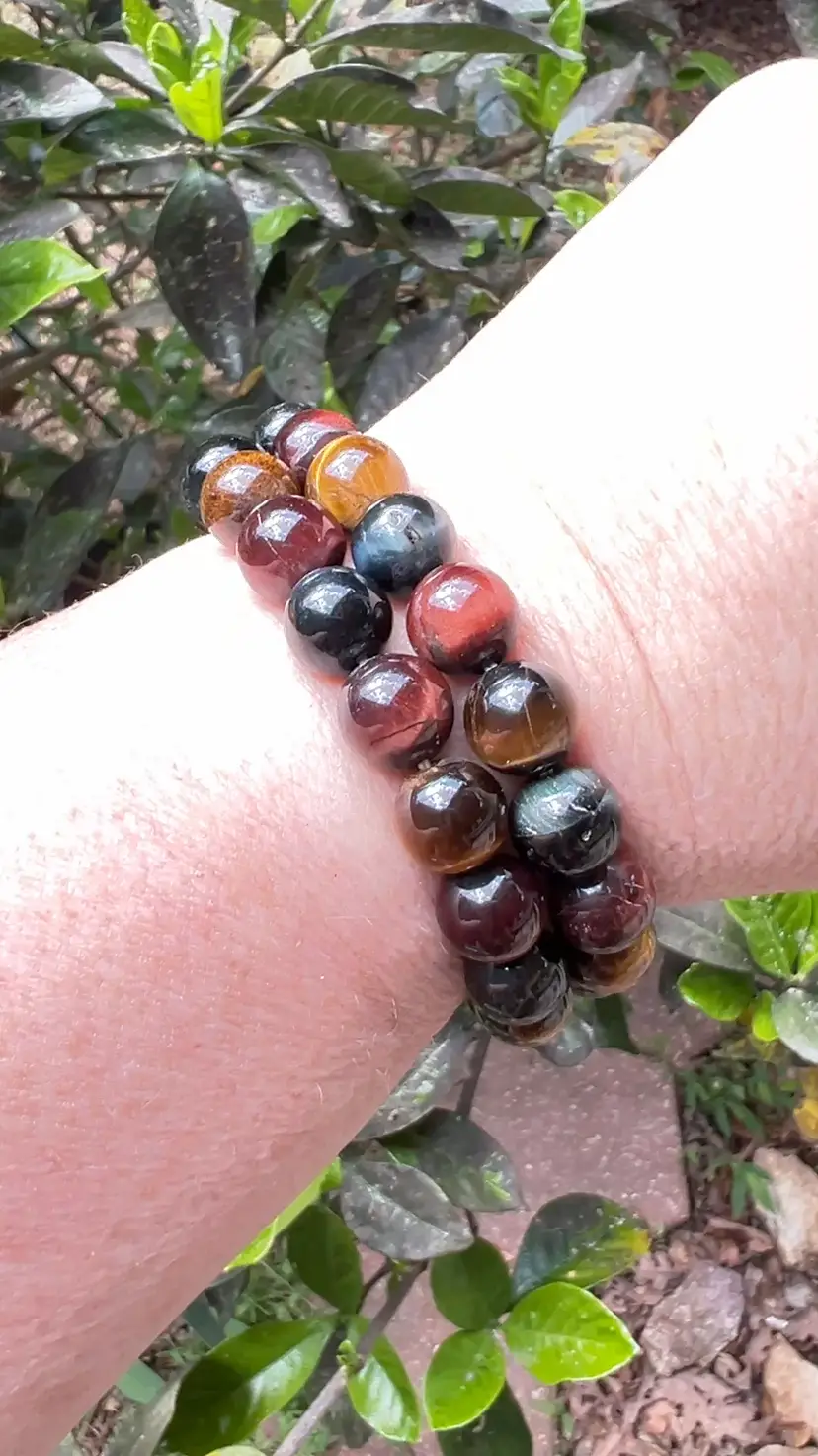 Tiger Eye Tri-color (Red, Blue, Brown) 10mm Round Beads.  7” Stretch Bracelet Jewelry.