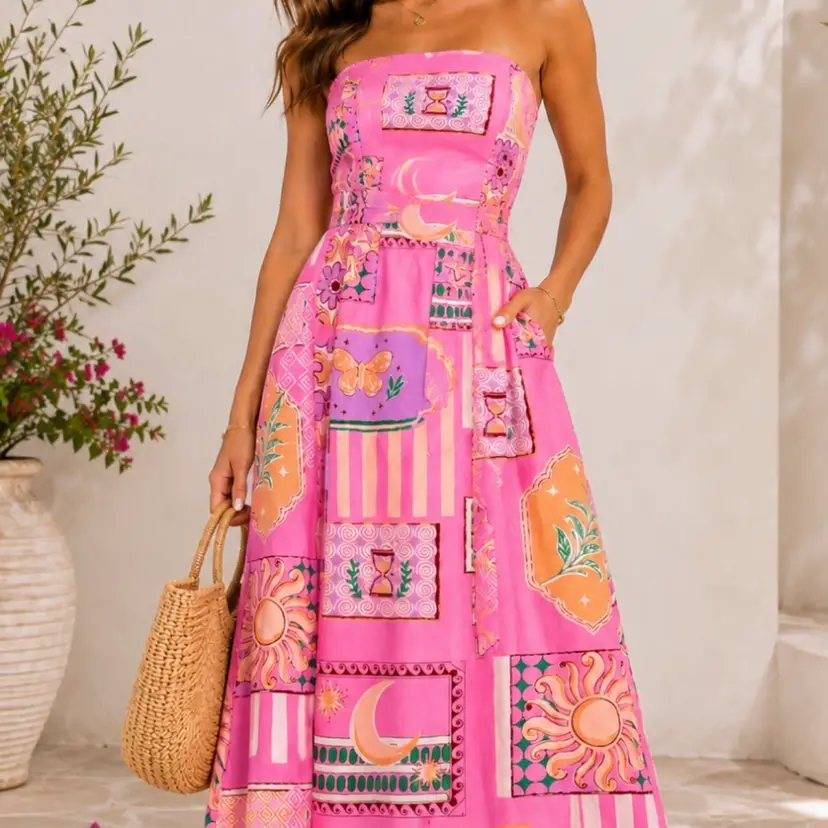 Midnight Sky Pink Sun Moon Butterfly Strapless Maxi Dress