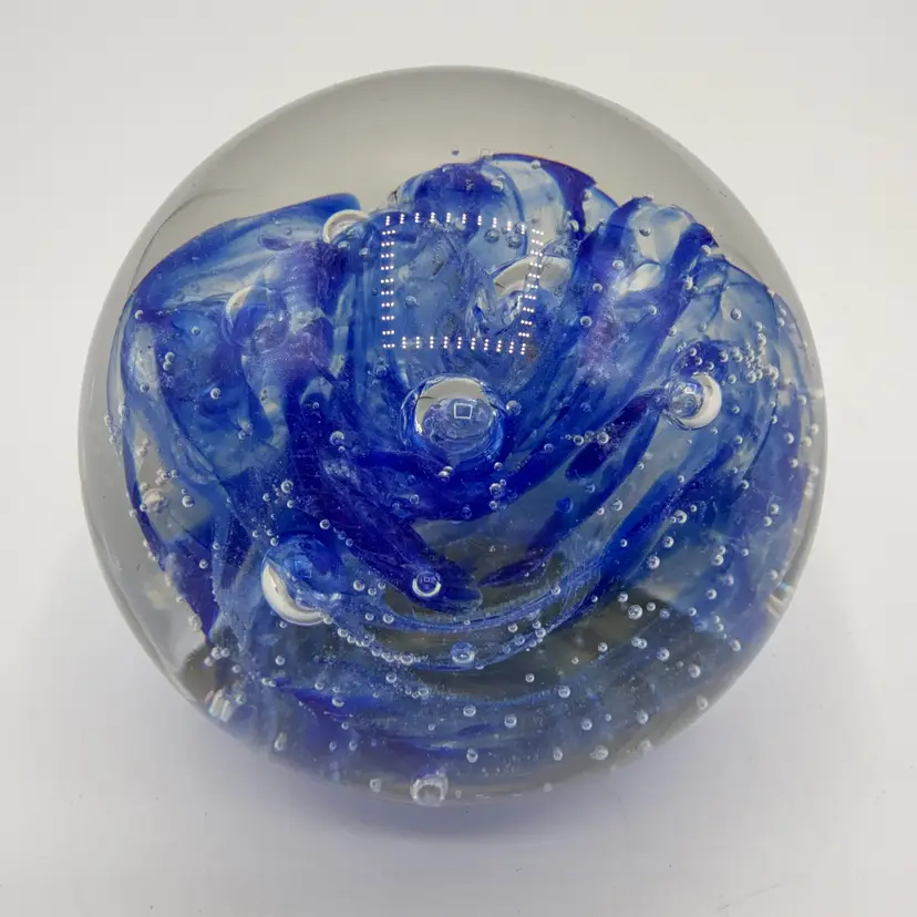 Blue Bubble Swirl Polished Bottom Paperweight
