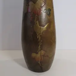 VINTAGE Wooden Ornate Hand Carved Vase w/ Bird & Leaf Design (Includes Copper Insert) - Japan