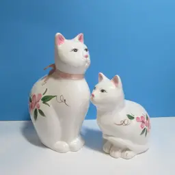 set of 2 vintage cat figures floral design mother and child pair spring decor