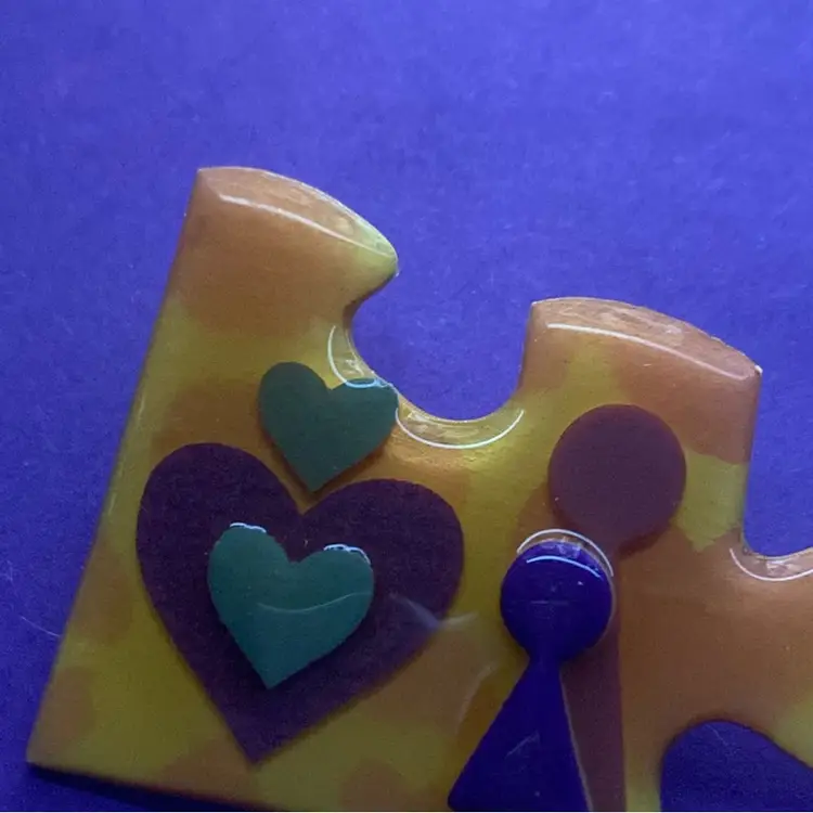 Lucinda ‘People Pin’ - Beautiful Yellow Puzzle Shape With A Family Of 2. Includes A Double Heart.  Autism Awareness