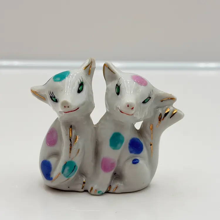 Polka Dotted Vintage Japan Ceramic White Foxes? Figurine