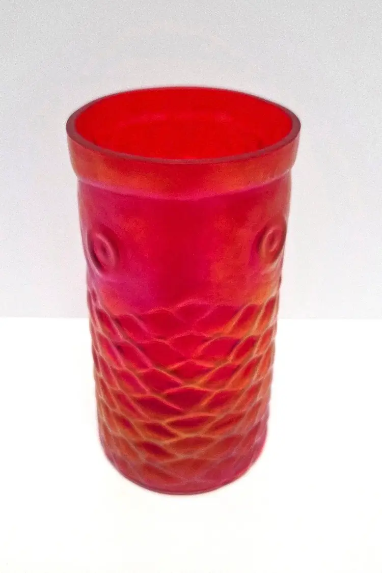 RARE John Cook Blown Glass Koi Fish Tumbler/Red Iridescent Art Glass/Fish Scales/Fish Eyes/Collectible/Signed Art Glass/Vase/Artist Signed