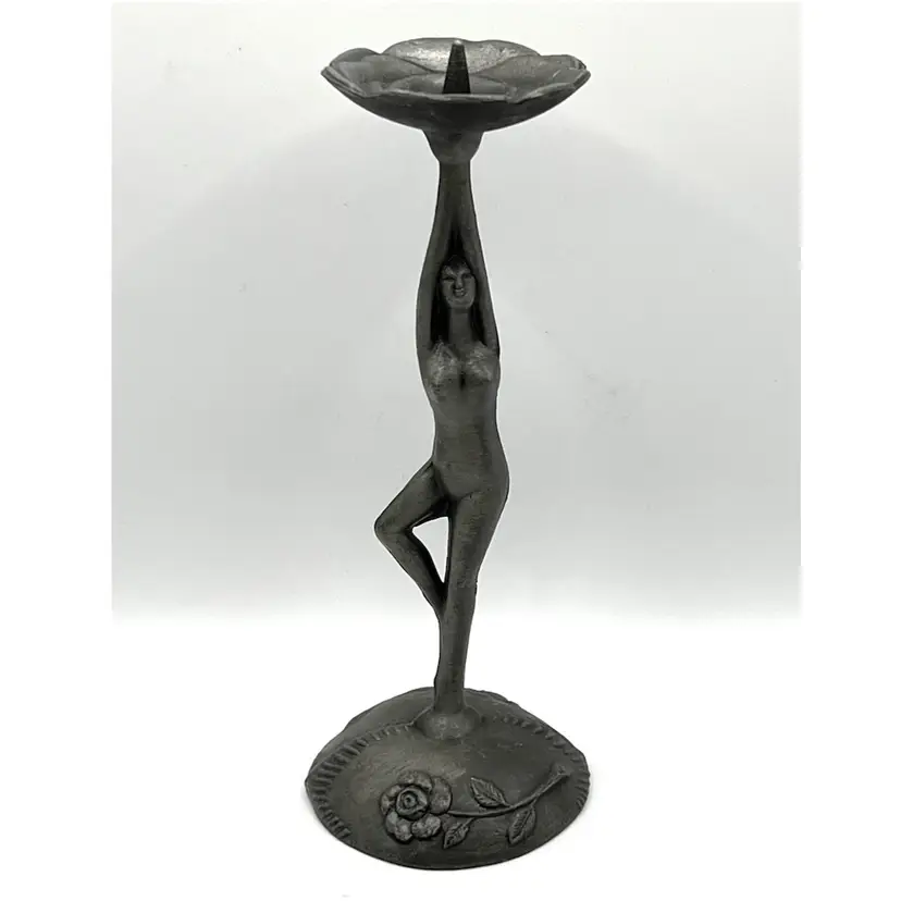 Art Deco Style Nude Woman Holding Flower Metal Silver Colored Candle Holder 7.5 in Height