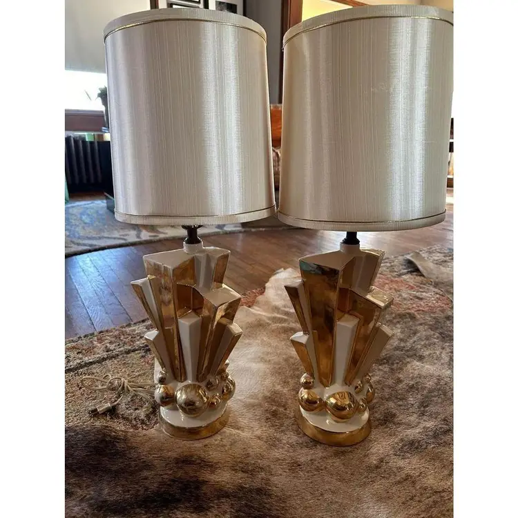 Pair Miller Mid Century Sky Scraper lamps with original shades