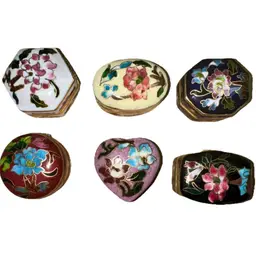 Vintage Miniature Cloisonne' Pill Trinket Hinged Round Box Floral Lot Of 6