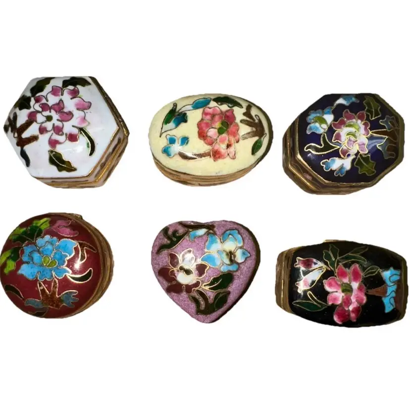 Vintage Miniature Cloisonne' Pill Trinket Hinged Round Box Floral Lot Of 6