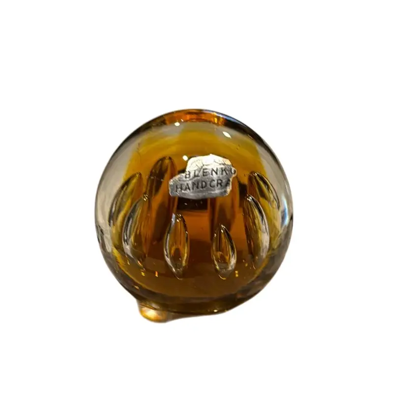 Blenko Vintage Amber Art Glass Paperweight Mercurial Controlled Elongated Bubbles - Original Sticker - 3”