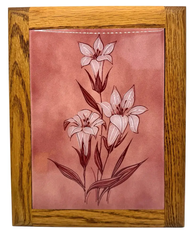 Vintage Woodline Productions Ceramic Tile Trivet Wood Pink Floral Oregon 9.75”