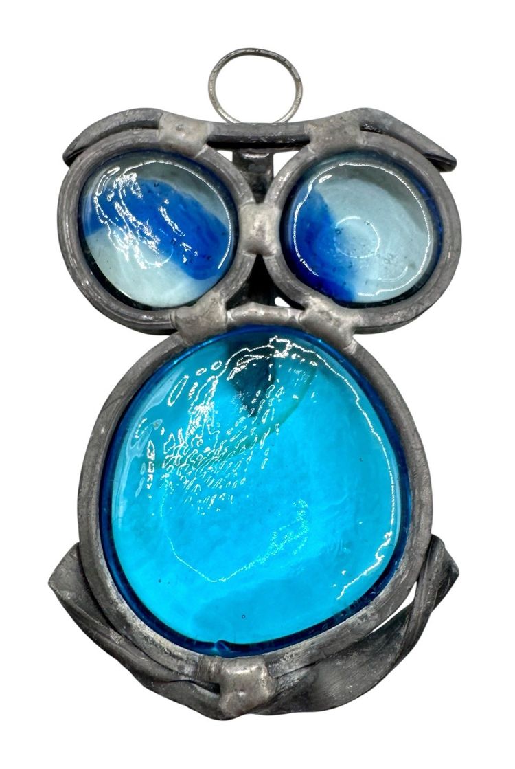 Vintage Stained Glass Art Suncatcher Wall Window Hanging Owl Bird Blue Metal 3”