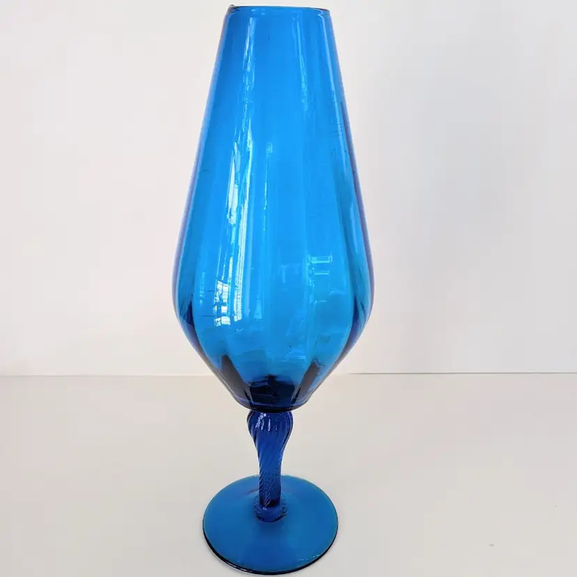 Mid Century Blue Glass Vase Brandy Snifter Optic Stripe Twisted Pedestal 17.5"