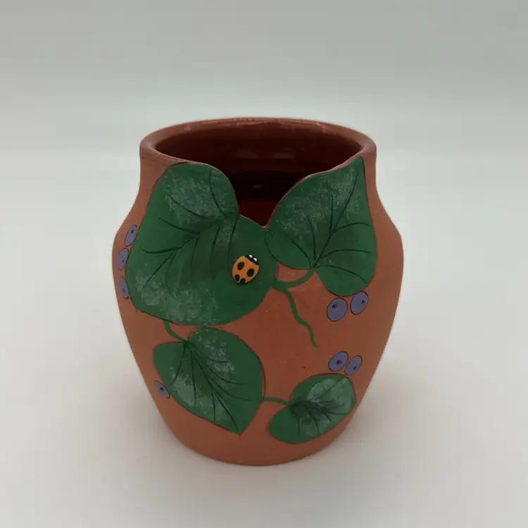 Small Art Pottery Terracotta Blueberry Ladybug Vase Signed P.A.S. Victor B. 3 1/4”