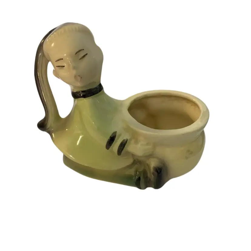 Asian Sitting Child Planter With Long Black Hair In Ponytail 5” Tall