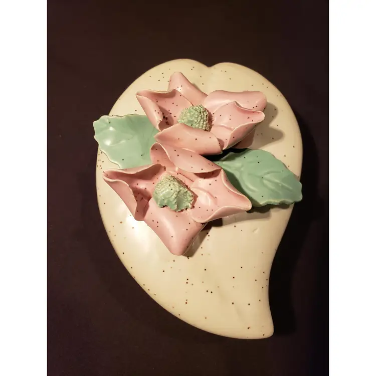 Vintage Ceramic Jewelry Trinket Box California USA Heart Shape Pink Flowers