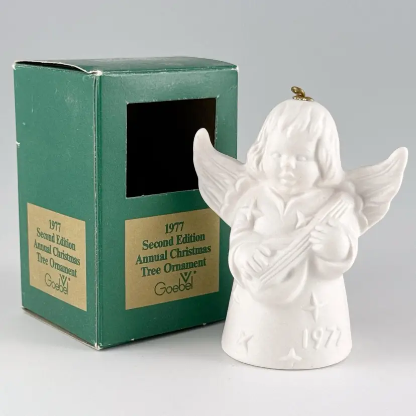 Goebel 1977 Angel Bell Lute Player Christmas Ornament, White Bisque Porcelain, Vintage Made in Germany